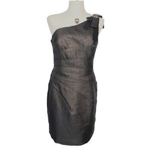 Jovani black pleated waist one shoulder designer cocktail dress women size 8